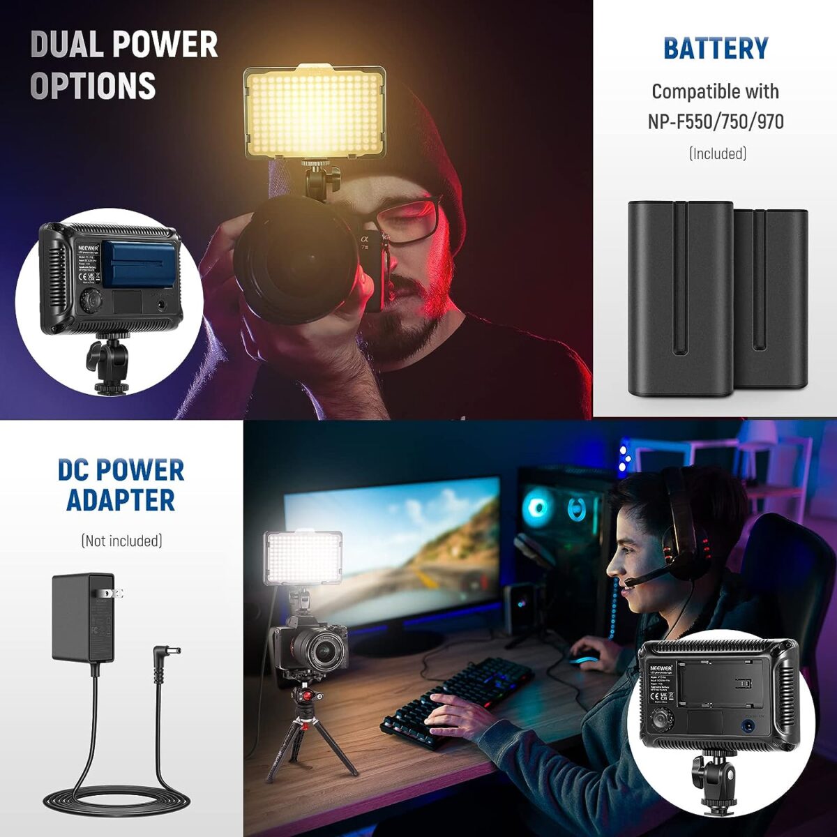 Neewer Dimmable 176 LED Video Light with 2-Pack 2600mAh Li-ion Battery